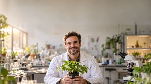 Professor de biologia sorrindo, com jaleco branco, segurando uma planta em um vaso pequeno, em um laboratório de biologia com microscópios