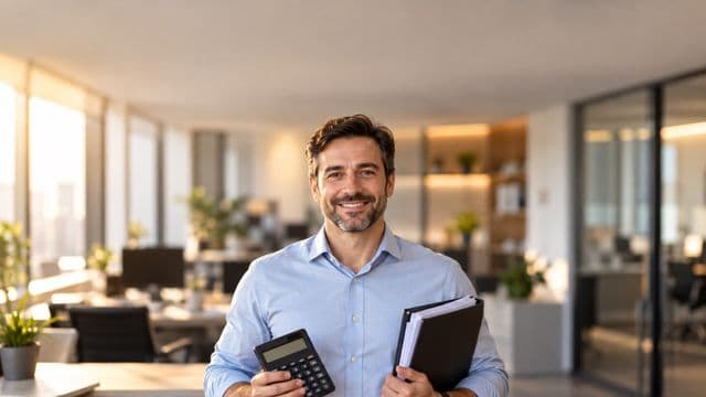 Contador sorrindo, com camisa social azul-clara, segurando uma calculadora e uma pasta de documentos, em um escritório contábil moderno