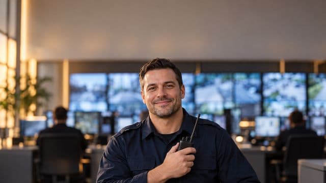Profissional de segurança sorrindo, com farda azul-escura sem brasões, segurando um rádio comunicador, em uma central de monitoramento com telas