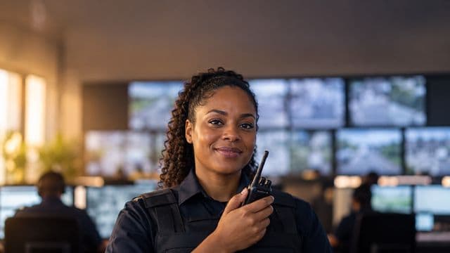 Profissional de segurança sorrindo, com farda azul-escura sem brasões, segurando um rádio comunicador, em uma central de monitoramento com telas