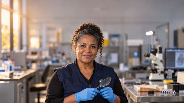 Perita criminal sorrindo, com colete azul-escuro de perícia sobre camisa preta e luvas, segurando uma lupa, em um laboratório de perícia forense