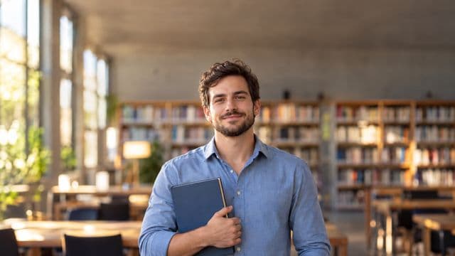 Professor de ciências humanas sorrindo, com camisa social azul, segurando um livro de capa lisa, em uma biblioteca universitária com estantes