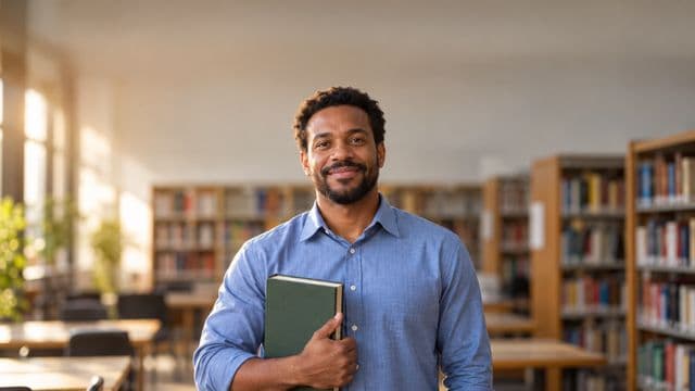 Professor de ciências humanas sorrindo, com camisa social azul, segurando um livro de capa lisa, em uma biblioteca universitária com estantes