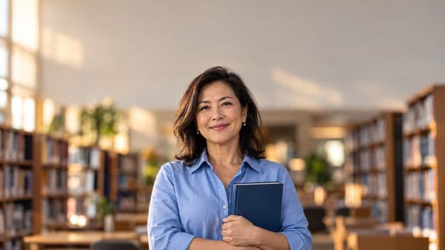 Professora de ciências humanas sorrindo, com camisa social azul, segurando um livro de capa lisa, em uma biblioteca universitária com estantes