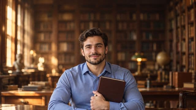 Teólogo sorrindo, com camisa social azul, segurando um livro de capa lisa, em uma biblioteca antiga com estantes de madeira
