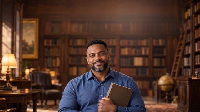 Teólogo sorrindo, com camisa social azul, segurando um livro de capa lisa, em uma biblioteca antiga com estantes de madeira