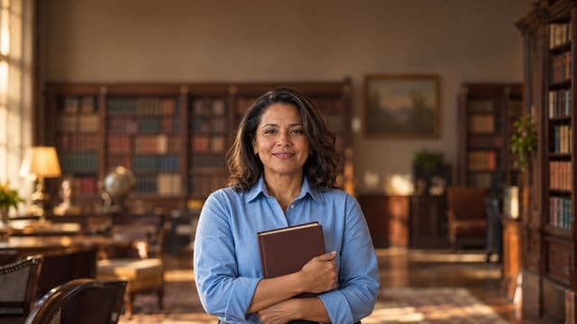 Teóloga sorrindo, com camisa social azul, segurando um livro de capa lisa, em uma biblioteca antiga com estantes de madeira