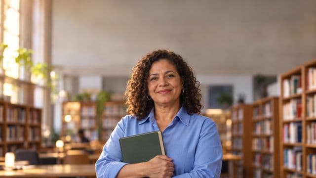 Professora de ciências humanas sorrindo, com camisa social azul, segurando um livro de capa lisa, em uma biblioteca universitária com estantes