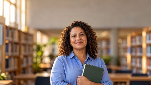 Professora de ciências humanas sorrindo, com camisa social azul, segurando um livro de capa lisa, em uma biblioteca universitária com estantes