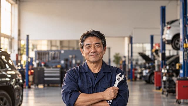 Mecânico sorrindo, com macacão azul-marinho, segurando uma chave inglesa, em uma oficina mecânica moderna e organizada