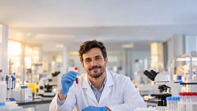 Biomédico sorrindo, com jaleco branco e luvas azuis, segurando um tubo de ensaio, em um laboratório de análises clínicas com microscópios e bancadas