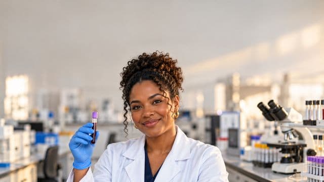 Biomédica sorrindo, com jaleco branco e luvas azuis, segurando um tubo de ensaio, em um laboratório de análises clínicas com microscópios e bancadas