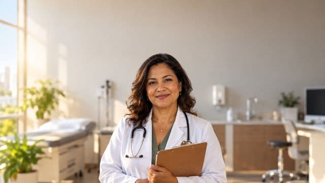 Médica sorrindo, com jaleco branco e estetoscópio, segurando uma prancheta, em um consultório médico moderno e bem iluminado