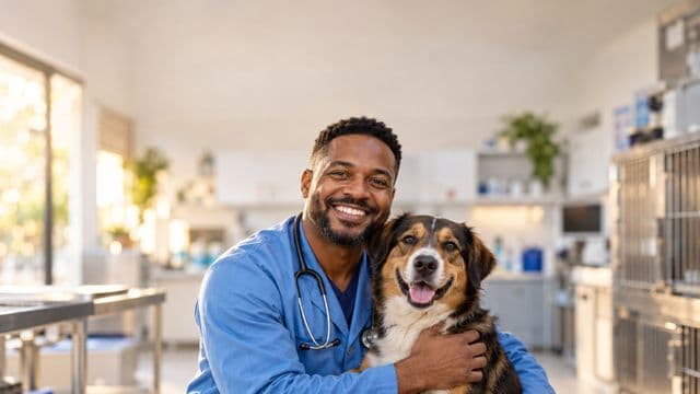 Médico veterinário sorrindo, com jaleco azul e estetoscópio, segurando com carinho um cachorro de porte médio, em uma clínica veterinária moderna e clara