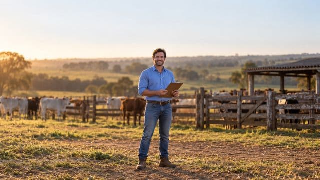 Médico veterinário sorrindo, com camisa azul de mangas compridas e botas, segurando uma prancheta, em uma fazenda com gado e cercas de madeira