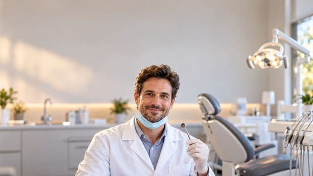 Dentista sorrindo, com jaleco branco e máscara abaixada no queixo, segurando um espelho odontológico, em um consultório odontológico moderno com cadeira e refletor