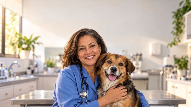 Médica veterinária sorrindo, com jaleco azul e estetoscópio, segurando com carinho um cachorro de porte médio, em uma clínica veterinária moderna e clara