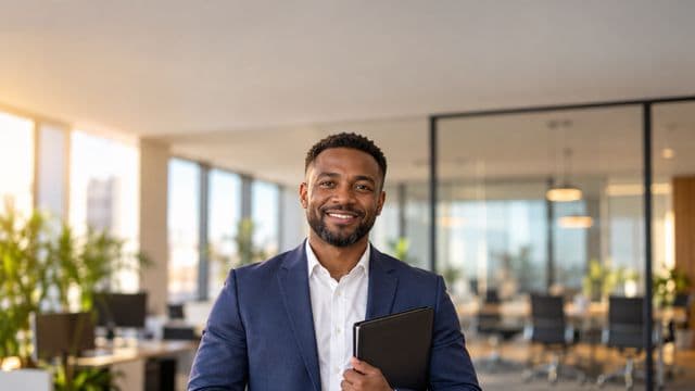 Profissional de recursos humanos sorrindo, com blazer azul sobre camisa branca, segurando uma pasta de documentos, em um escritório moderno com uma sala de reunião envidraçada