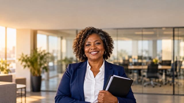Profissional de recursos humanos sorrindo, com blazer azul sobre camisa branca, segurando uma pasta de documentos, em um escritório moderno com uma sala de reunião envidraçada