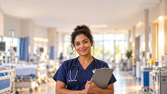 Enfermeira sorrindo, com uniforme hospitalar azul-marinho e estetoscópio no pescoço, segurando uma prancheta, em o corredor de um hospital moderno e bem iluminado, com leitos e equipamentos