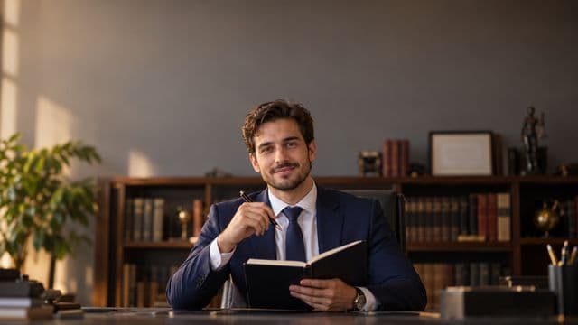 Advogado sorrindo, com terno azul-marinho e camisa branca, segurando um livro de capa lisa e uma caneta, em um escritório de advocacia elegante com estantes de livros