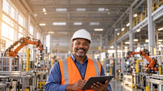 Engenheiro de automação sorrindo, com capacete branco e colete laranja sobre camisa azul, segurando um tablet, em uma fábrica moderna com braços robóticos