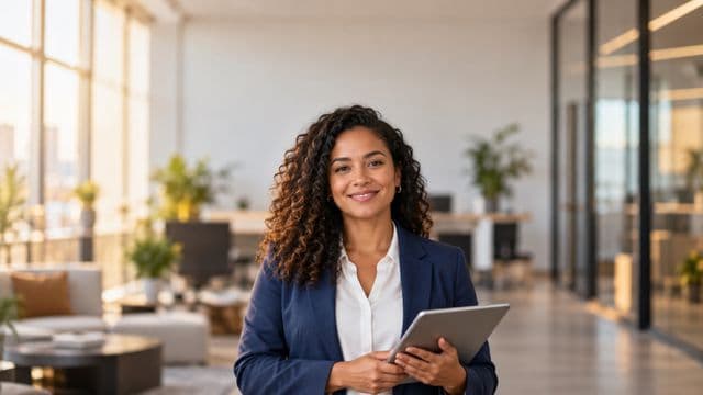 Profissional sorrindo, com blazer azul sobre camisa branca, segurando um tablet, em um escritório moderno e bem iluminado