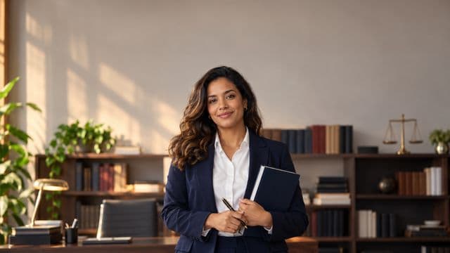 Advogada sorrindo, com terno azul-marinho e camisa branca, segurando um livro de capa lisa e uma caneta, em um escritório de advocacia elegante com estantes de livros