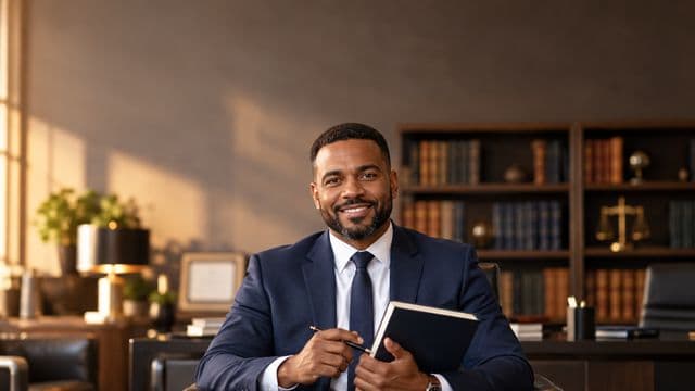 Advogado sorrindo, com terno azul-marinho e camisa branca, segurando um livro de capa lisa e uma caneta, em um escritório de advocacia elegante com estantes de livros