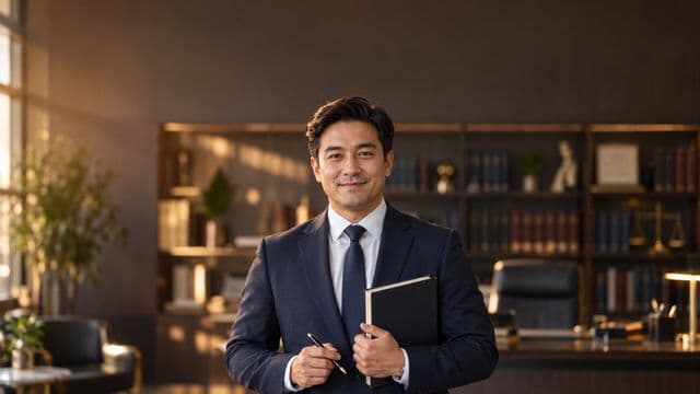 Advogado sorrindo, com terno azul-marinho e camisa branca, segurando um livro de capa lisa e uma caneta, em um escritório de advocacia elegante com estantes de livros