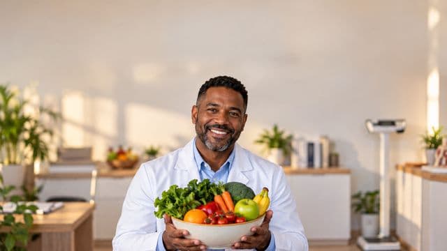 Nutricionista sorrindo, com jaleco branco sobre camisa azul-clara, segurando uma tigela de frutas e legumes frescos, em um consultório de nutrição claro com bancada e balança