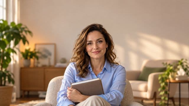 Psicóloga sorrindo, com camisa social azul, sem gravata, segurando um caderno de anotações, em um consultório de psicologia aconchegante com poltronas e plantas