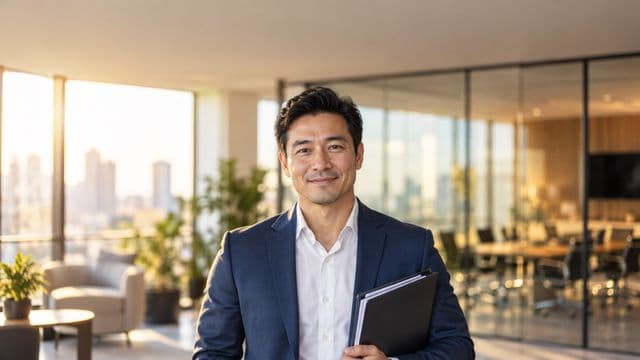 Profissional de recursos humanos sorrindo, com blazer azul sobre camisa branca, segurando uma pasta de documentos, em um escritório moderno com uma sala de reunião envidraçada