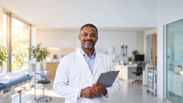 Profissional de saúde sorrindo, com jaleco branco sobre camisa azul-clara, segurando uma prancheta, em uma clínica moderna e bem iluminada