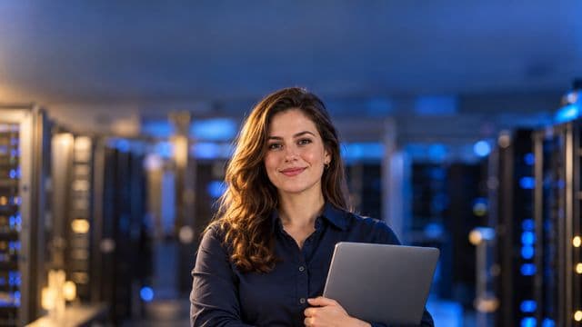 Especialista em segurança da informação sorrindo, com camisa social azul-escura, segurando um notebook, em uma sala de servidores com luzes azuis