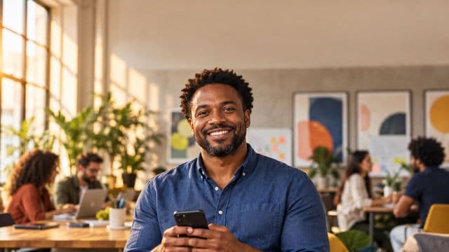 Profissional de marketing sorrindo, com camisa casual azul, segurando um smartphone, em uma agência criativa moderna com equipe desfocada e quadros de ideias