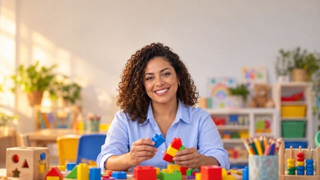 Psicopedagoga sorrindo, com camisa azul-clara, segurando blocos de montar coloridos, em uma sala de atendimento infantil colorida e organizada, com brinquedos pedagógicos