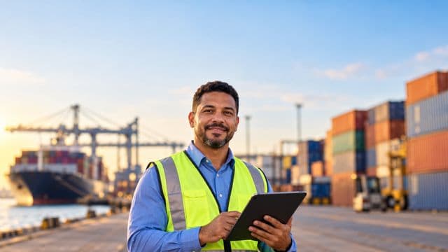 Analista de comércio exterior sorrindo, com camisa social azul e colete refletivo, segurando um tablet, em um porto com contêineres coloridos empilhados