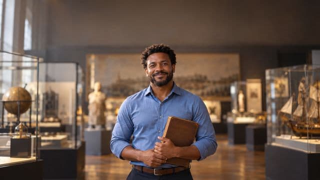 Professor de história sorrindo, com camisa social azul, segurando um livro antigo de capa lisa, em um museu histórico com vitrines desfocadas