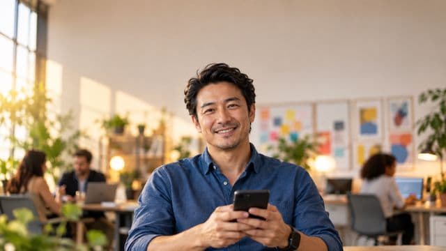 Profissional de marketing sorrindo, com camisa casual azul, segurando um smartphone, em uma agência criativa moderna com equipe desfocada e quadros de ideias
