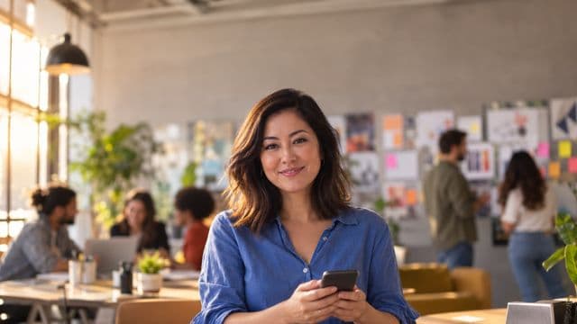 Profissional de marketing sorrindo, com camisa casual azul, segurando um smartphone, em uma agência criativa moderna com equipe desfocada e quadros de ideias