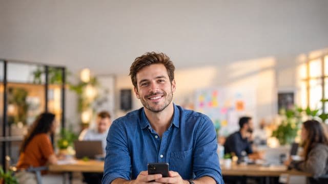 Profissional de marketing sorrindo, com camisa casual azul, segurando um smartphone, em uma agência criativa moderna com equipe desfocada e quadros de ideias