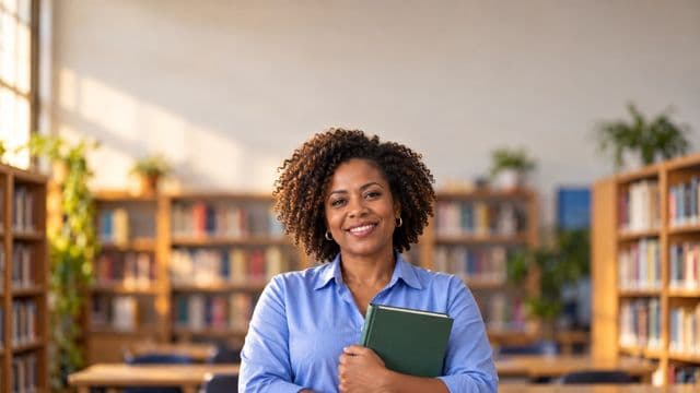 Professora de língua portuguesa sorrindo, com camisa social azul, segurando um livro de capa lisa, em uma biblioteca escolar com estantes
