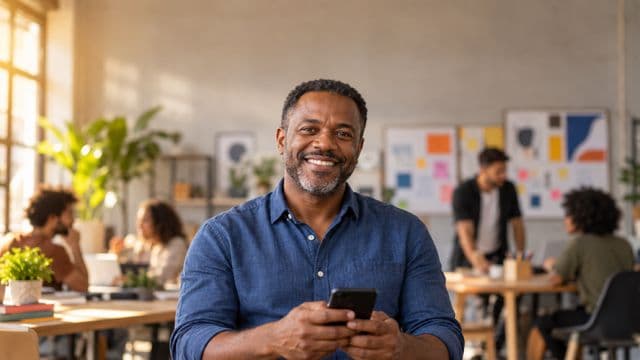 Profissional de marketing sorrindo, com camisa casual azul, segurando um smartphone, em uma agência criativa moderna com equipe desfocada e quadros de ideias