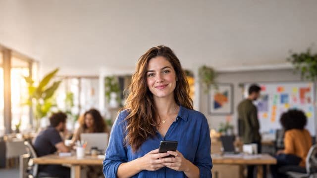 Profissional de marketing sorrindo, com camisa casual azul, segurando um smartphone, em uma agência criativa moderna com equipe desfocada e quadros de ideias