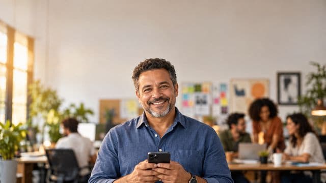 Profissional de marketing sorrindo, com camisa casual azul, segurando um smartphone, em uma agência criativa moderna com equipe desfocada e quadros de ideias