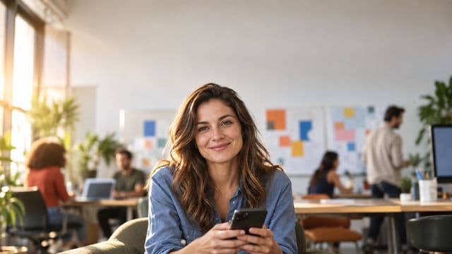 Profissional de marketing sorrindo, com camisa casual azul, segurando um smartphone, em uma agência criativa moderna com equipe desfocada e quadros de ideias