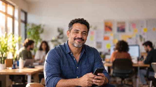 Profissional de marketing sorrindo, com camisa casual azul, segurando um smartphone, em uma agência criativa moderna com equipe desfocada e quadros de ideias