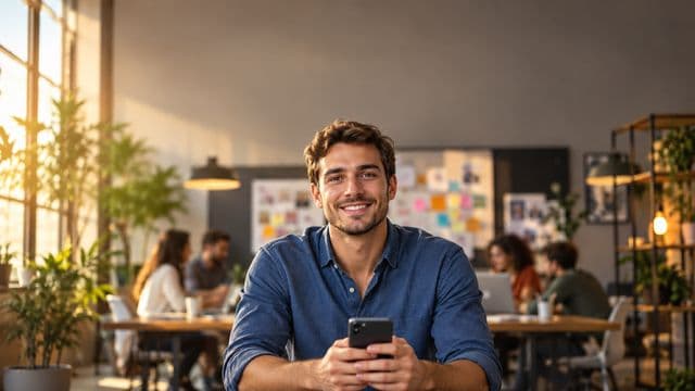 Profissional de marketing sorrindo, com camisa casual azul, segurando um smartphone, em uma agência criativa moderna com equipe desfocada e quadros de ideias