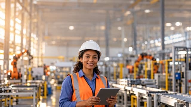 Engenheira de produção sorrindo, com capacete branco e colete laranja sobre camisa azul, segurando um tablet, em uma fábrica moderna com linha de produção e braços robóticos